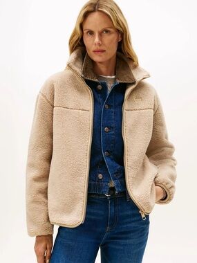 Tommy Hilfiger Beige Sherpa Zip-Front Jacket - Women's Cozy Outerwear